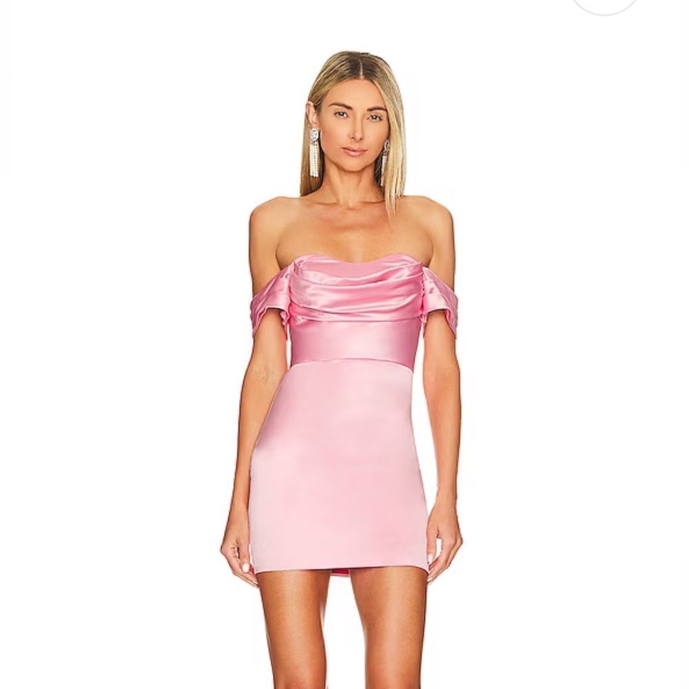 NWT More To Come Bella Mini Dress pink off the shoulder satin party Revolve L